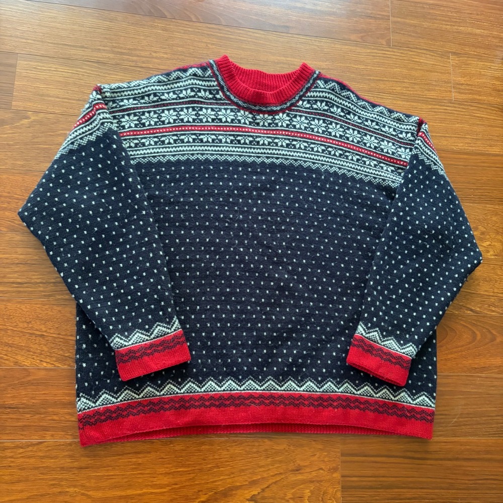 Vintage Lands End Wool Fair Isle Snowflake Sweater Navy Red XXL Streetwear 90s